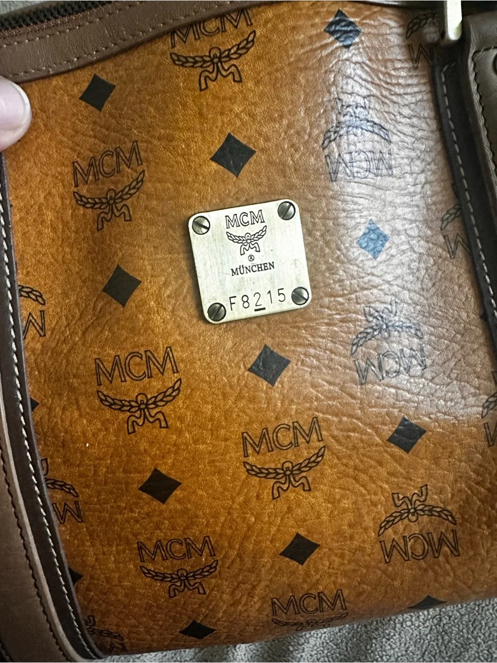 MCM Visetos Cognac Logo Satchel with Brown Trim